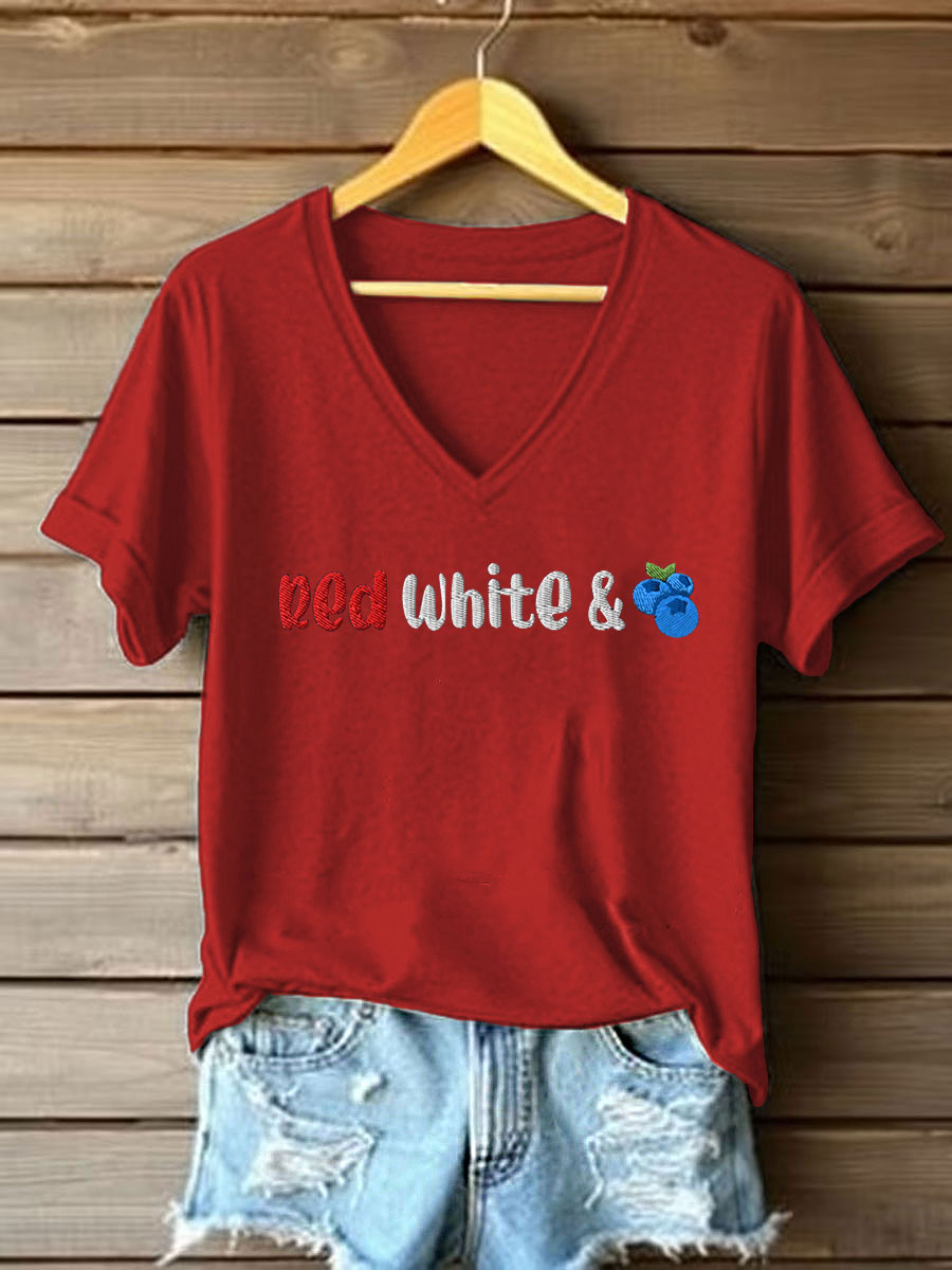 Women's Red White And Blueberries Print Casual T-shirt