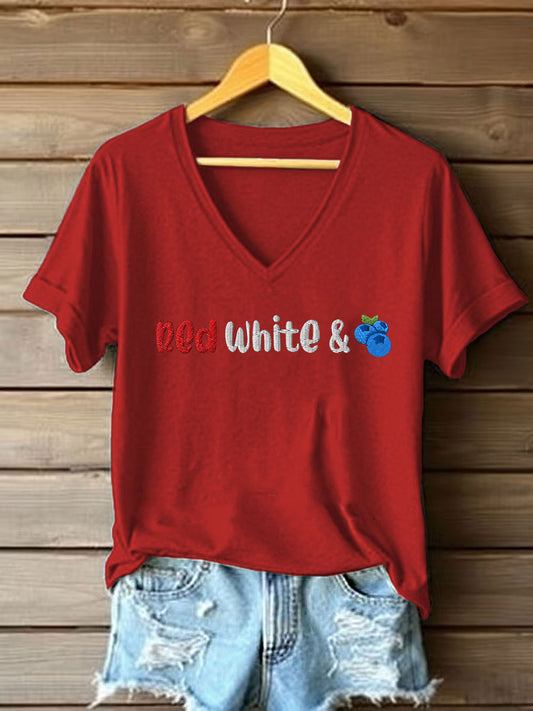 Women's Red White And Blueberries Print Casual T-shirt