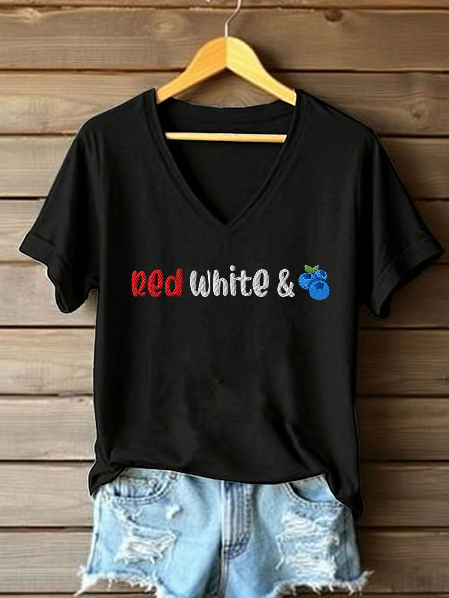 Women's Red White And Blueberries Print Casual T-shirt