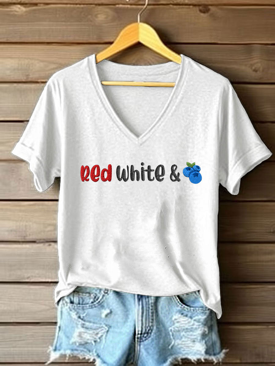 Women's Red White And Blueberries Print Casual T-shirt