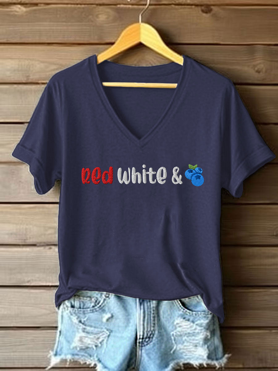 Women's Red White And Blueberries Print Casual T-shirt