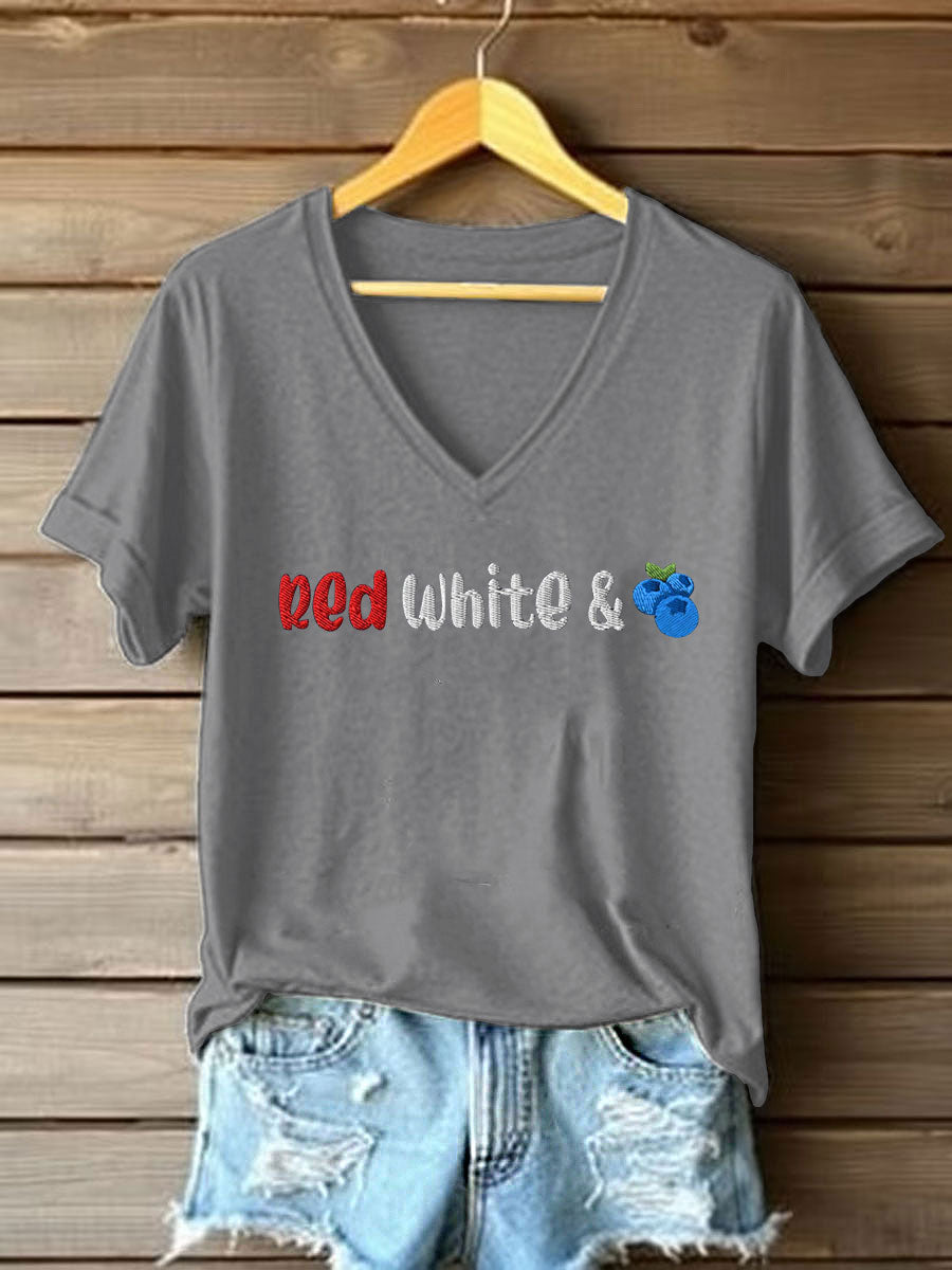 Women's Red White And Blueberries Print Casual T-shirt