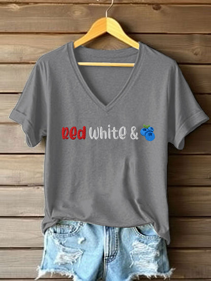 Women's Red White And Blueberries Print Casual T-shirt
