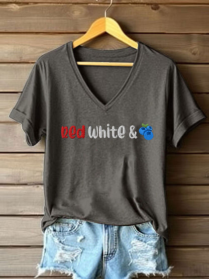 Women's Red White And Blueberries Print Casual T-shirt