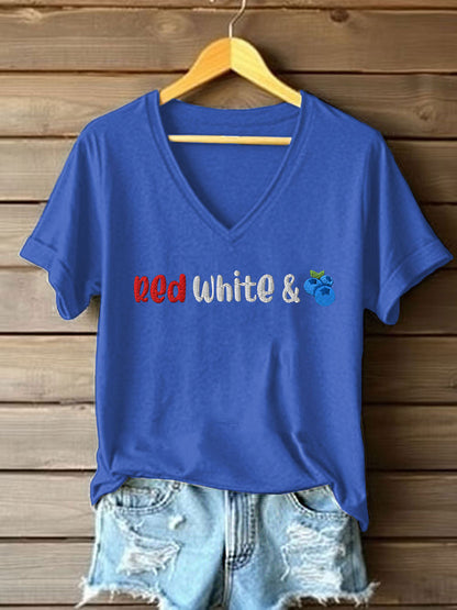 Women's Red White And Blueberries Print Casual T-shirt