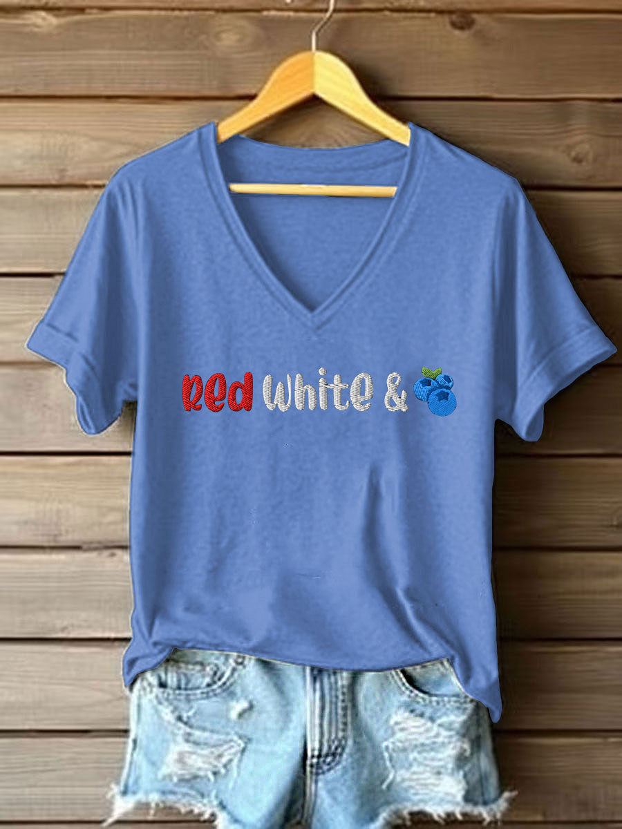 Women's Red White And Blueberries Print Casual T-shirt