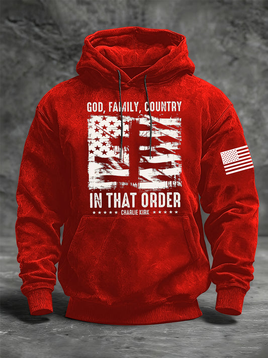 Men's God Family Country Charlie Kirk Oversized Drop-Shoulder Hoodie with Pockets