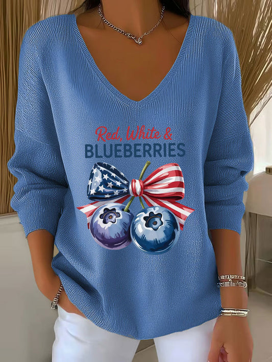 Women's 'Red White & Blueberries' V-neck long sleeve T-shirt