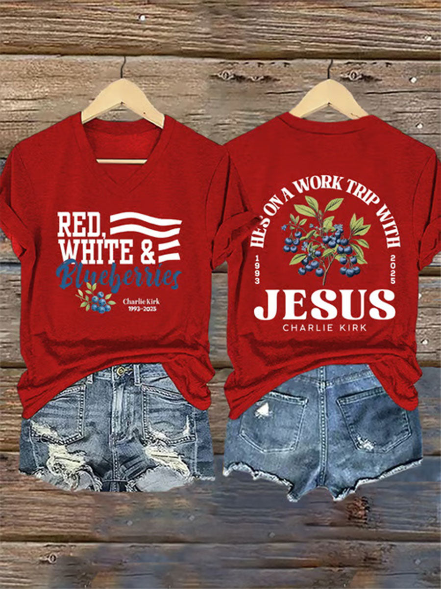 Women's Red White and Blueberries Print Casual T-shirt