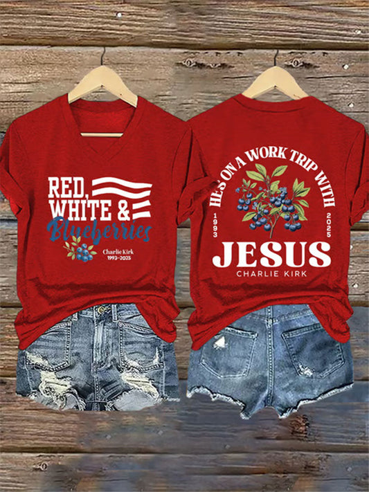 Women's Red White and Blueberries Print Casual T-shirt