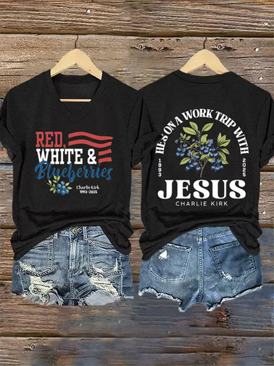 Women's Red White and Blueberries Print Casual T-shirt