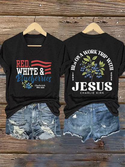 Women's Red White and Blueberries Print Casual T-shirt