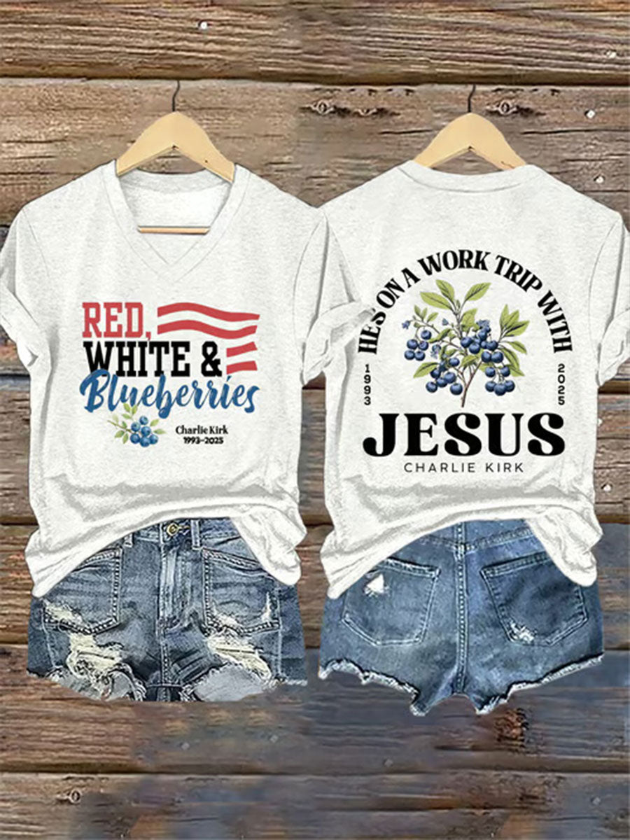 Women's Red White and Blueberries Print Casual T-shirt