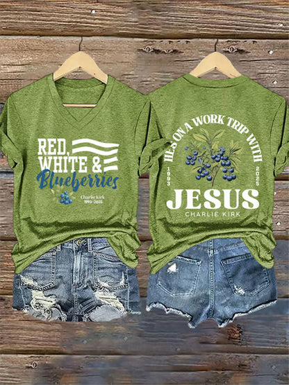 Women's Red White and Blueberries Print Casual T-shirt