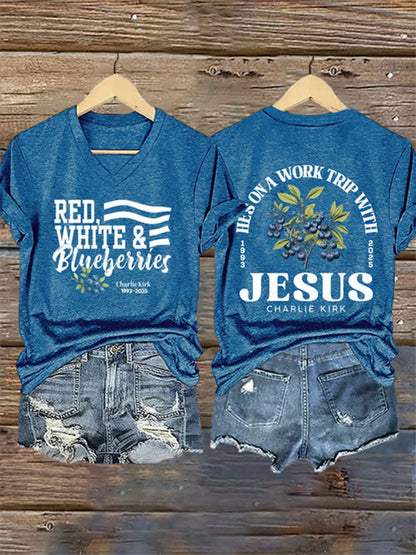 Women's Red White and Blueberries Print Casual T-shirt