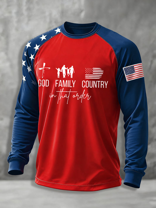 Men's God Family Country In That Order long sleeve round neck T-shirt