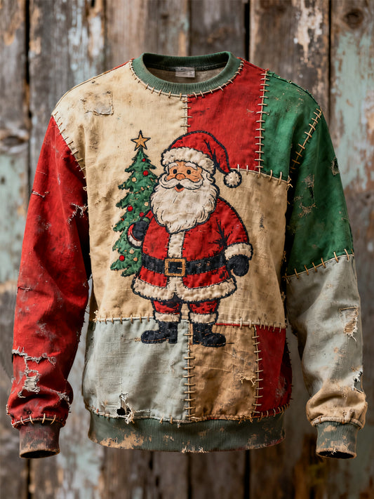 Men's Vintage Christmas Santa Claus Patchwork Print Casual Sweatshirt