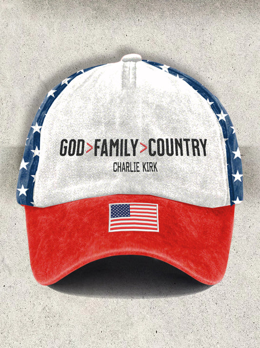 Unisex Resort God Family Country In That Order Charlie Kirk Print  Hat