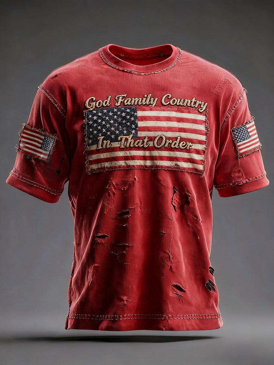 Men's Retro God Family Country In That Order Printed T-shirt
