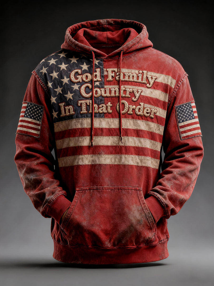 Men's Retro God Family Country In That Order Printed Hoodie