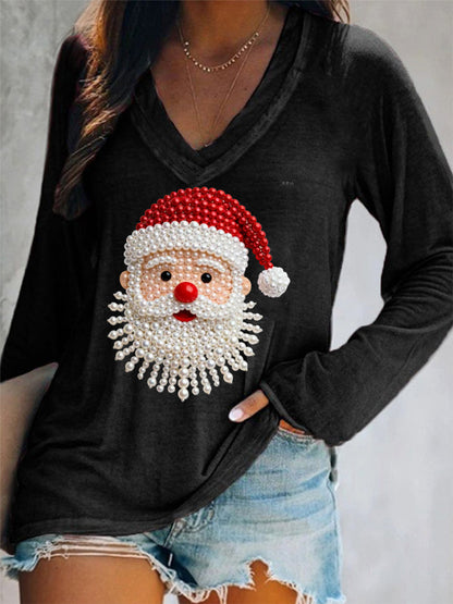 Women's Christmas Pearl Santa Claus Print Casual Long-Sleeve V-Neck T-Shirt
