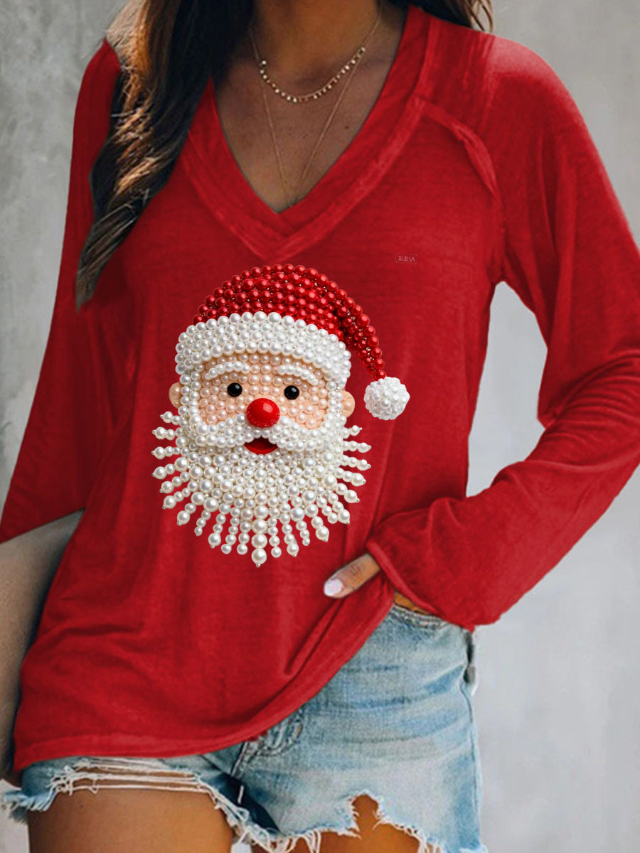 Women's Christmas Pearl Santa Claus Print Casual Long-Sleeve V-Neck T-Shirt