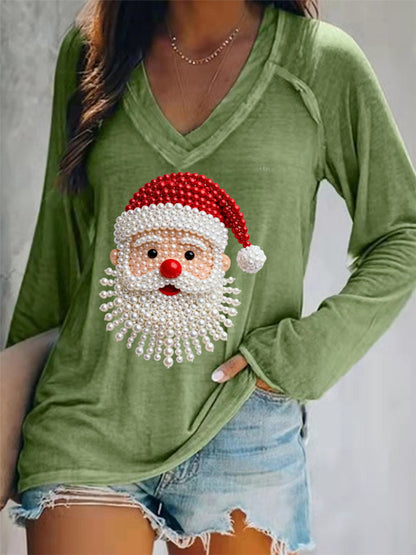 Women's Christmas Pearl Santa Claus Print Casual Long-Sleeve V-Neck T-Shirt