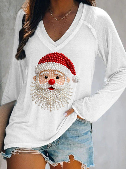 Women's Christmas Pearl Santa Claus Print Casual Long-Sleeve V-Neck T-Shirt
