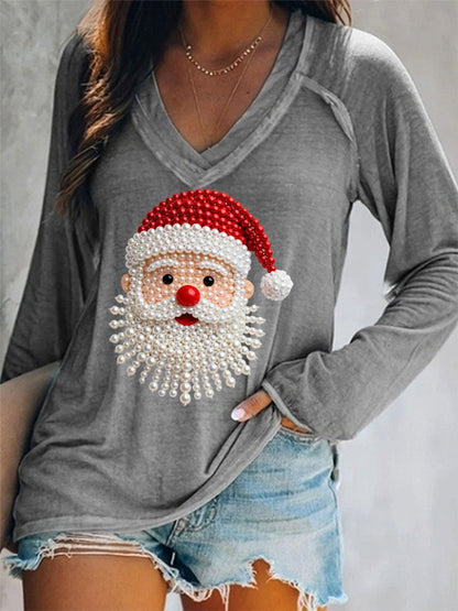 Women's Christmas Pearl Santa Claus Print Casual Long-Sleeve V-Neck T-Shirt