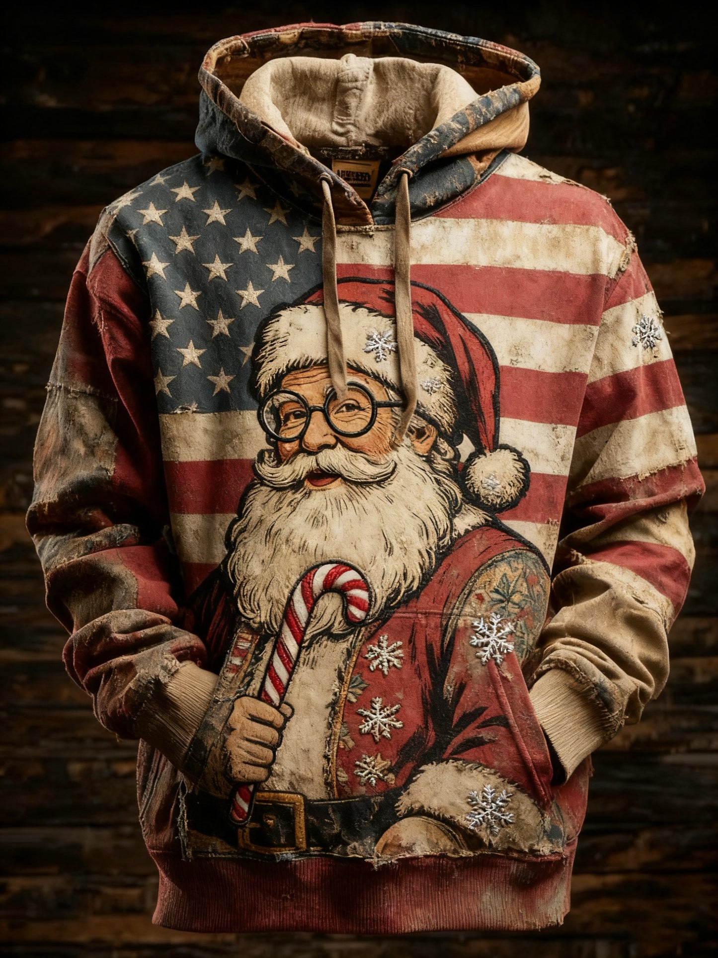 Men's Retro American Flag Christmas Santa Claus Printed Hoodie