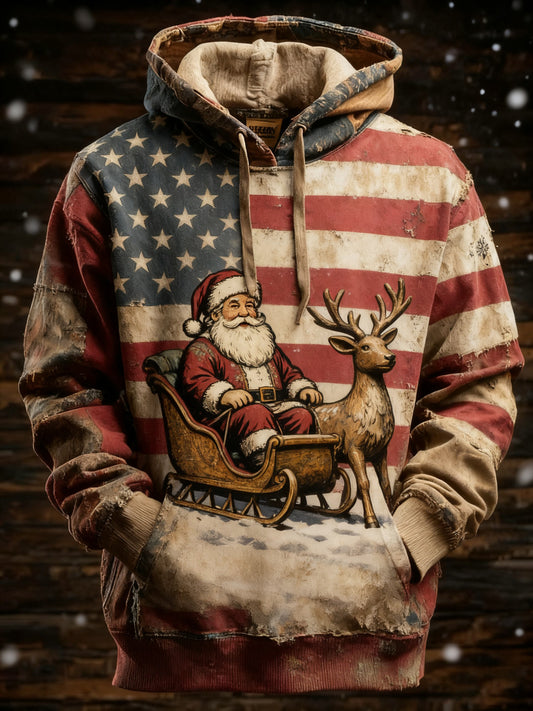 Men's Retro American Flag Christmas Santa Claus Printed Hoodie