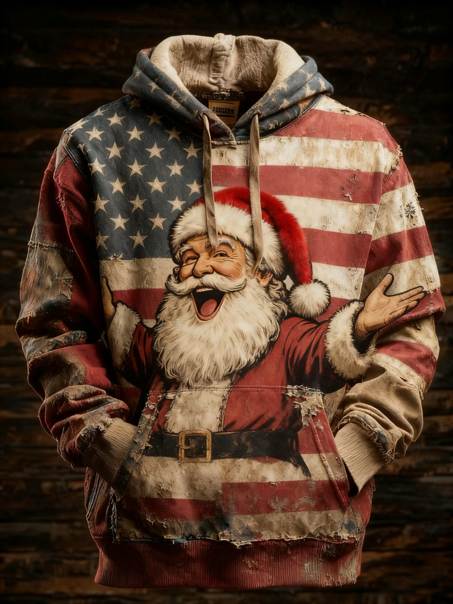 Men's Retro American Flag Christmas Santa Claus Printed Hoodie