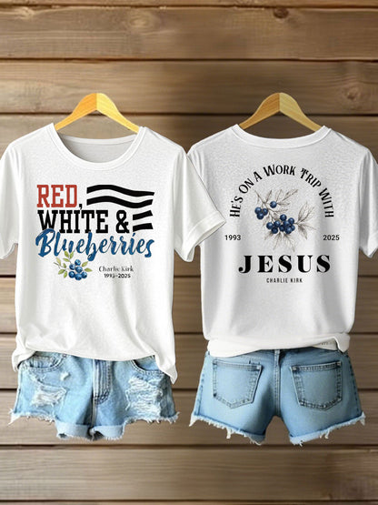 Women's red white blueberries Printed Iron On Short Sleeve T-Shirt