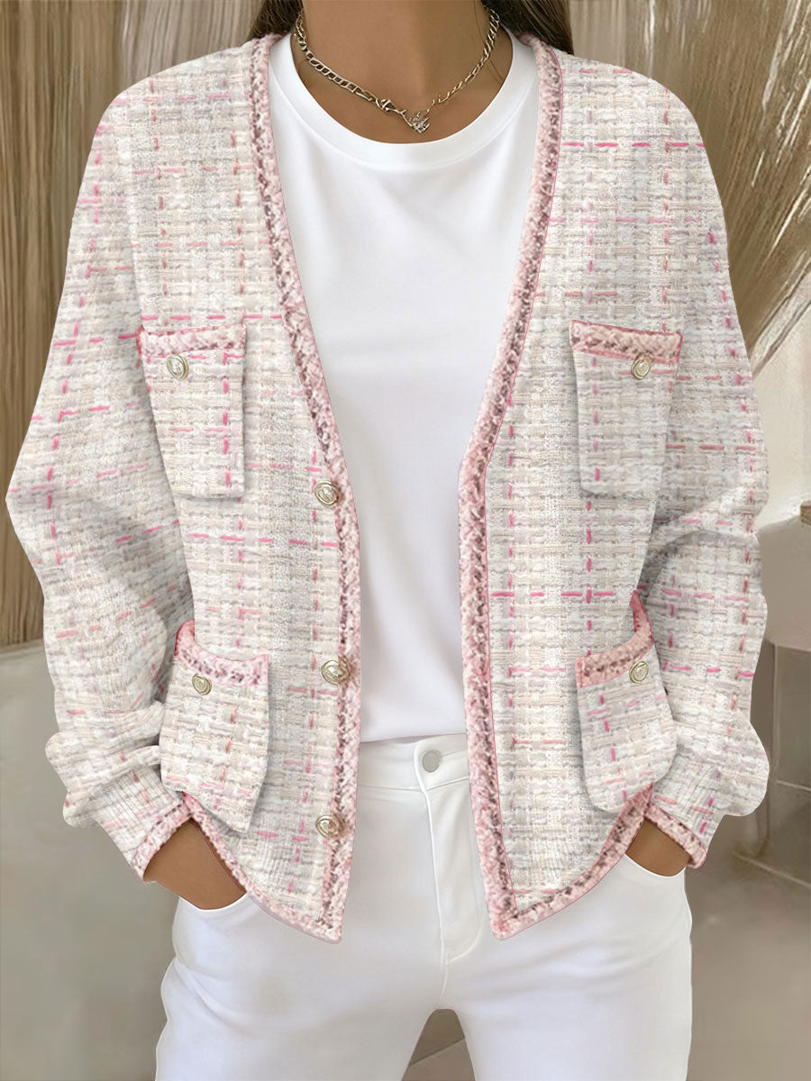 Women's Pink Geometric Print Pocket Cardigans