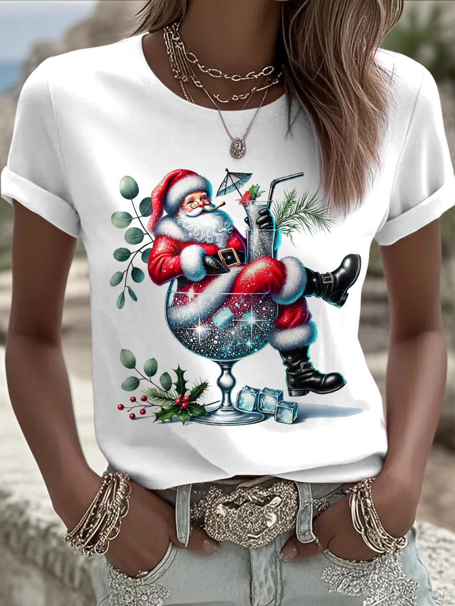 Women's Christmas Funny Santa Claus Printed Vintage Fashion Loose Short Sleeve T-Shirt