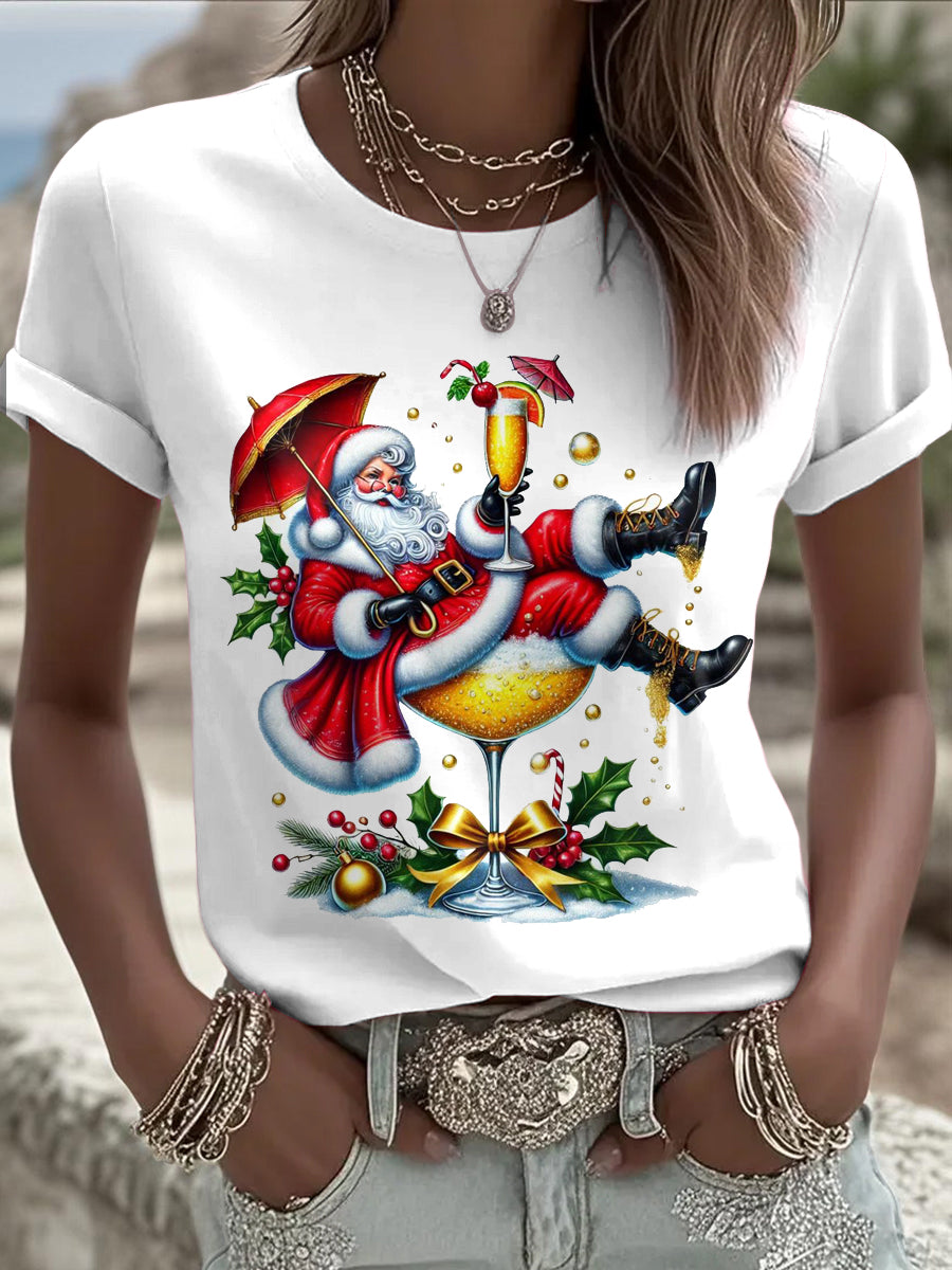 Women's Christmas Funny Santa Claus Printed Vintage Fashion Loose Short Sleeve T-Shirt
