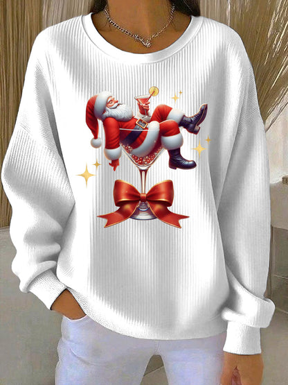 Women's Santa Claus and wine glass Print Ribbed Round-Neck Sweatshirt