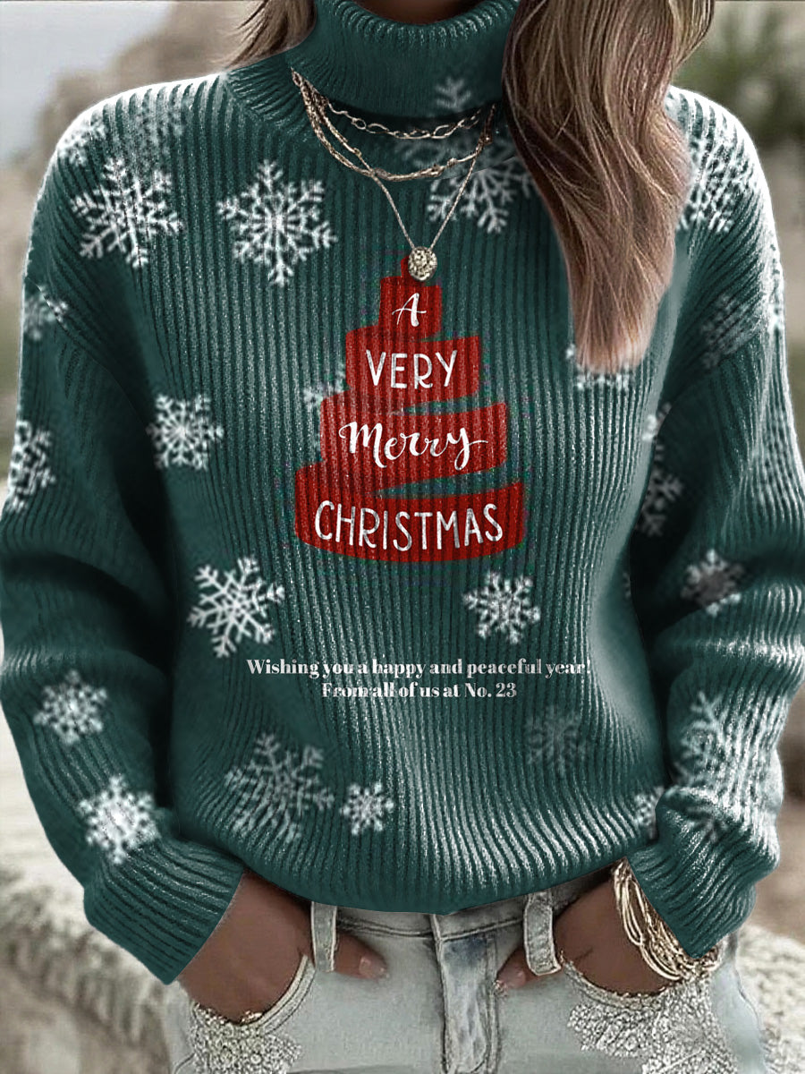 Women's Christmas Tree Design Ribbon-Trimmed Turtleneck Sweater