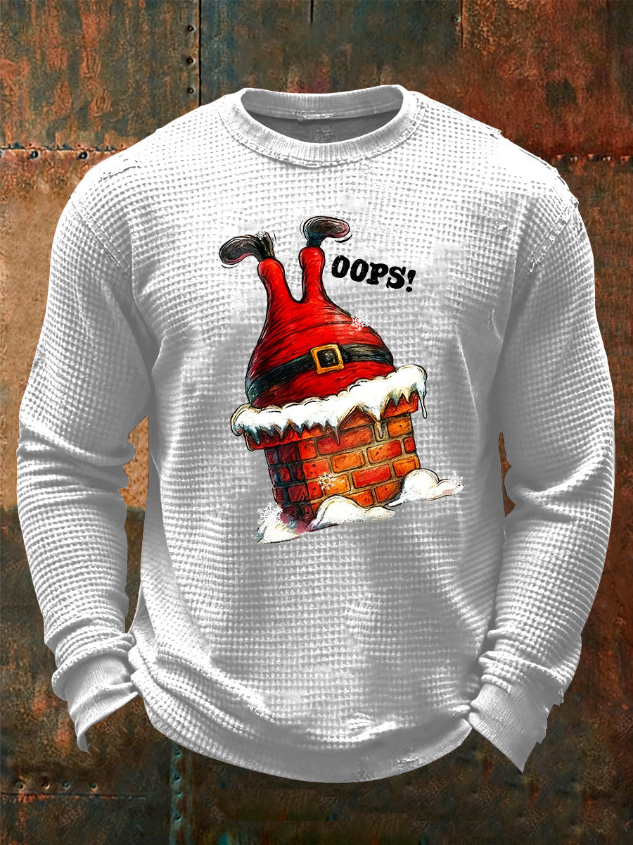 Men's Funny Santa Claus stuck in the chimney Print Waffle Long Sleeve T-Shirt