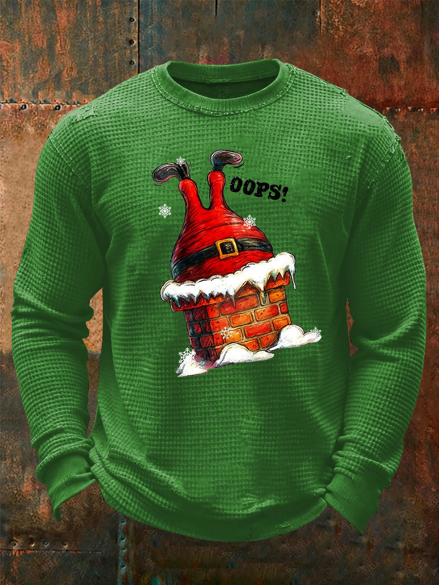 Men's Funny Santa Claus stuck in the chimney Print Waffle Long Sleeve T-Shirt
