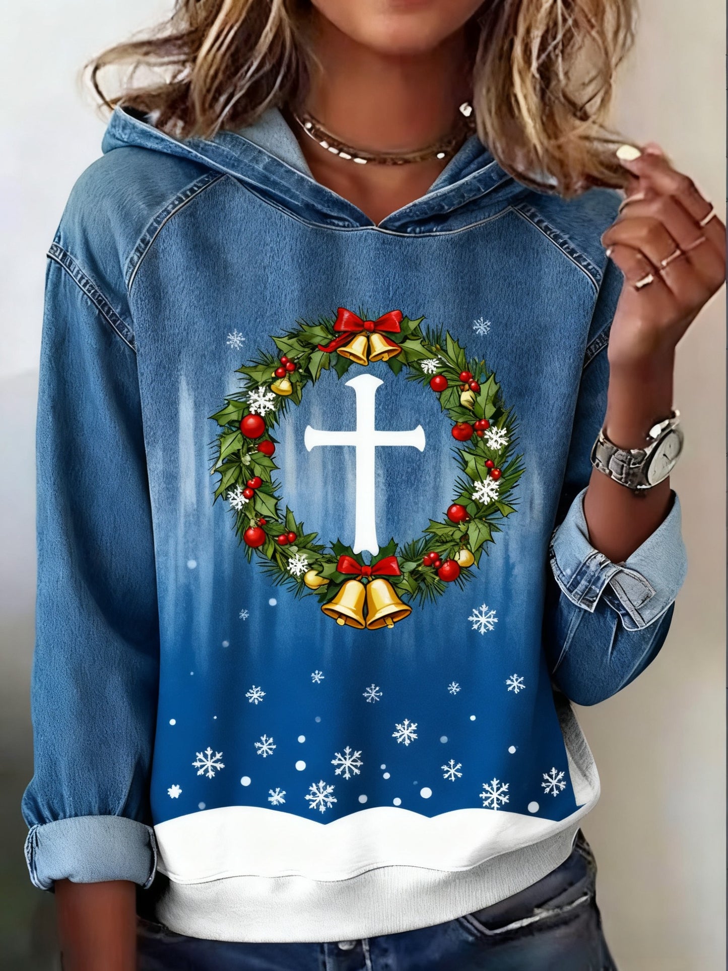 Retro Christmas Faith Abstract Print Casua Hooded Top
