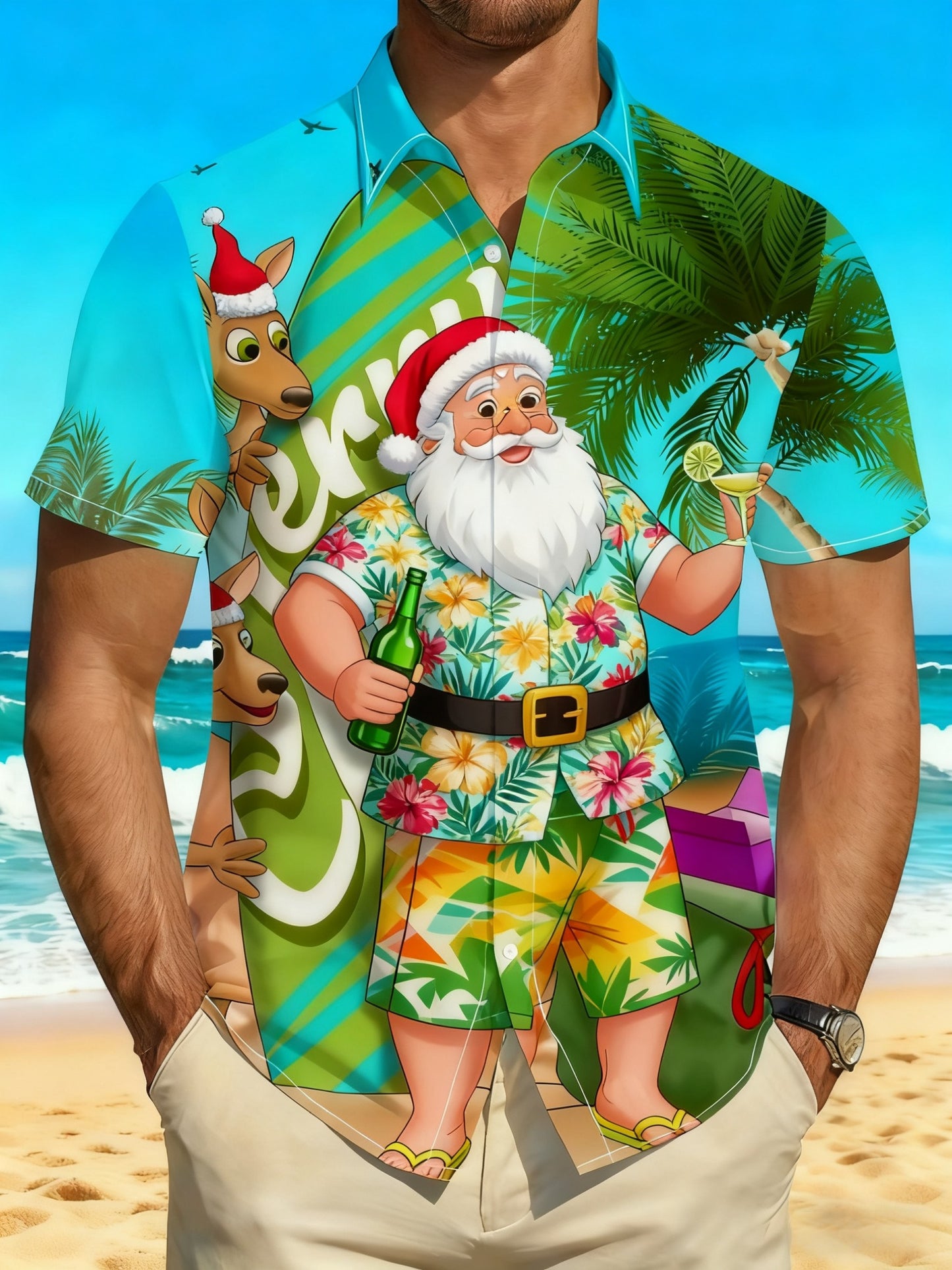 Men's  Retro Australian Christmas Santa Claus Beach, Beer Abstract Print Casual Cotton Short Sleeve Shirt