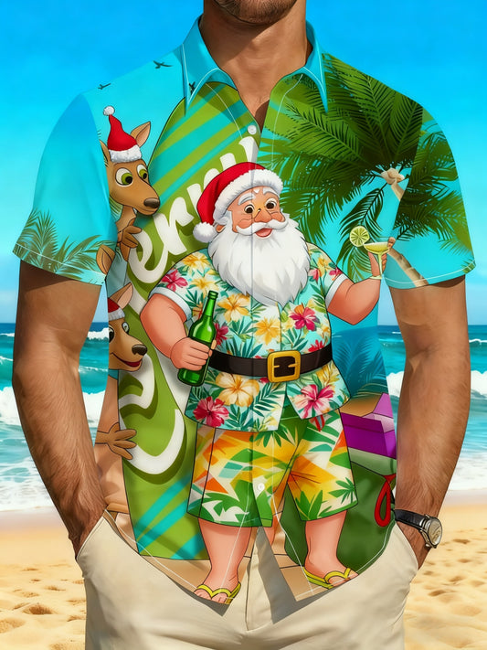 Men's  Retro Australian Christmas Santa Claus Beach, Beer Abstract Print Casual Cotton Short Sleeve Shirt