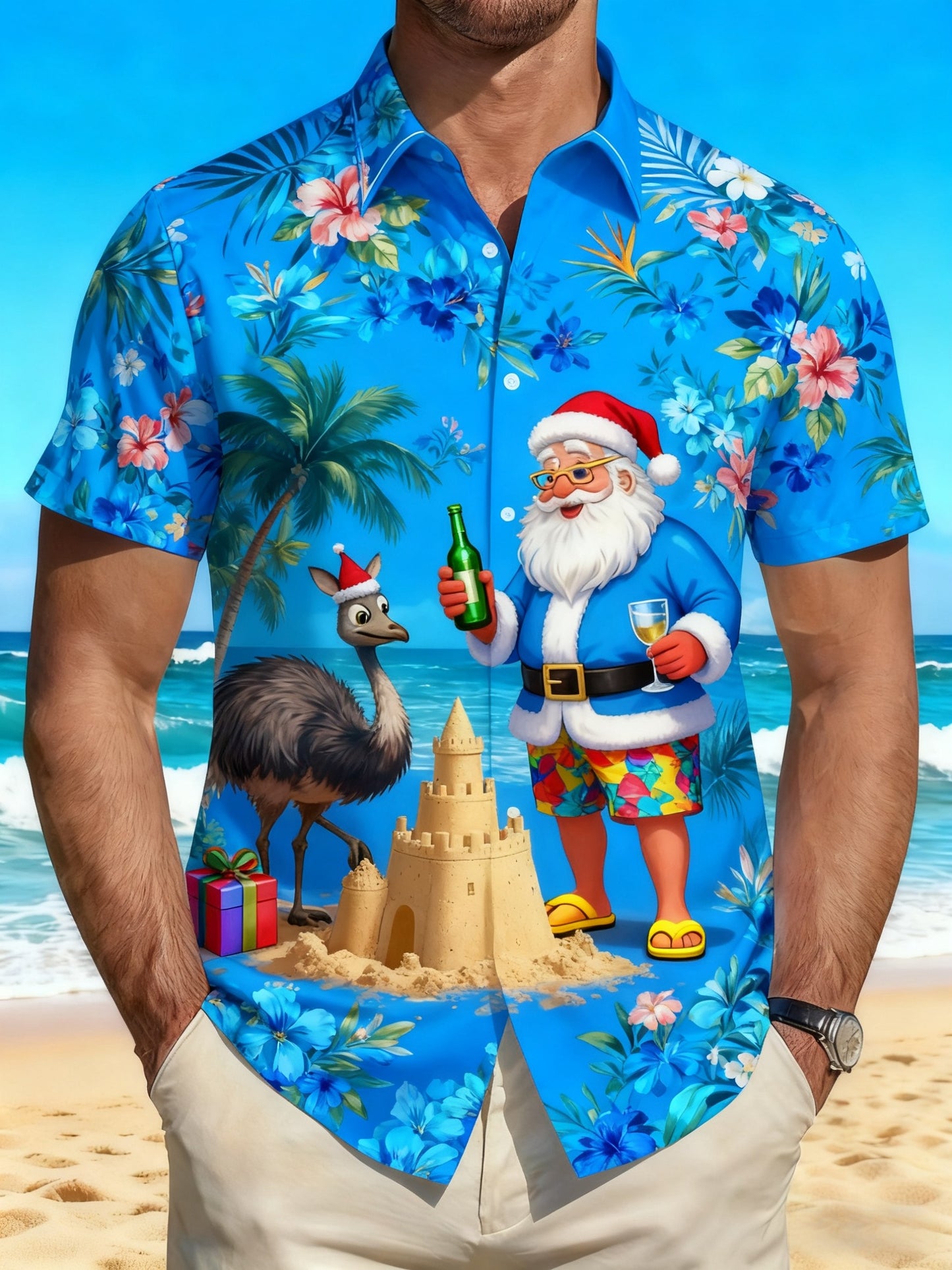 Men's  Retro Australian Christmas Santa Claus Beach, Beer Abstract Print Casual Cotton Short Sleeve Shirt