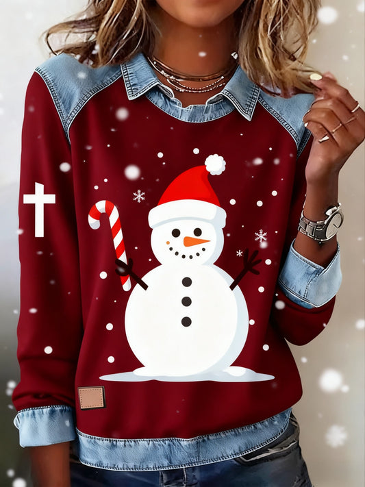 Retro Christmas Faith Snowman Abstract Print Casua Lapel  Top