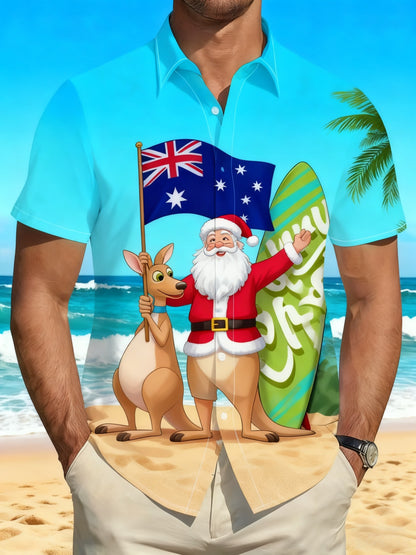 Men's  Retro Australian Christmas Santa Claus Beach Kangaroo Abstract Print Casual Cotton Short Sleeve Shirt