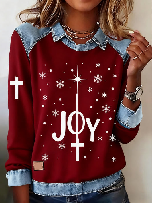 Retro Christmas Faith Abstract Print Casua Lapel  Top