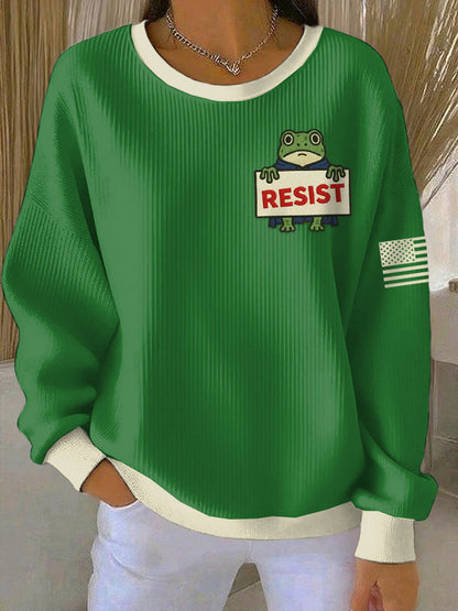 Women's FDT Polish Frog Print Ribbed Round-Neck Sweatshirt