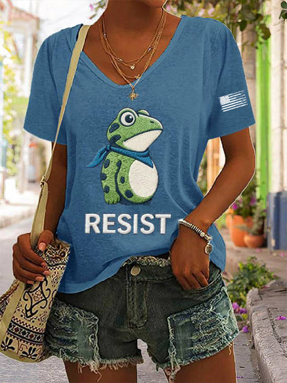 Women's Frog Resist Printed V-neck T-shirt