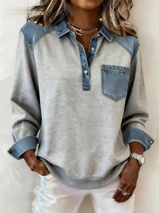 Women's Fashion Patchwork Design Lapel Sweatshirt